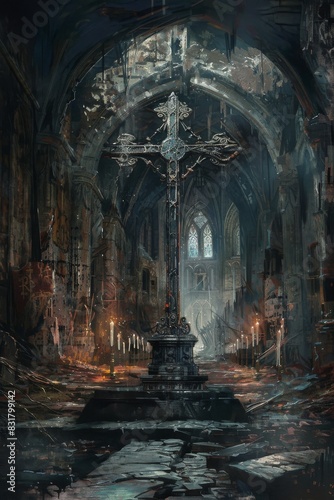 Ancient Cross in Dark Abandoned Cathedral 
