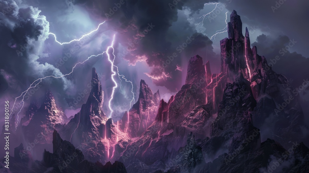 A brooding, dark illustration of a stormy landscape with jagged mountains and a turbulent sky.