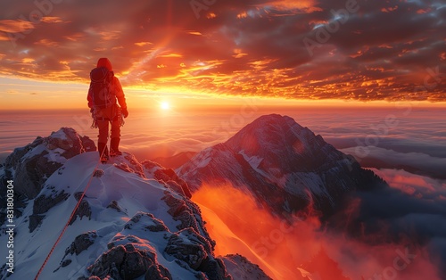 8K highquality image of a mountain climber resting on a peak, beautiful landscape backdrop, ultrasharp and vibrant photo