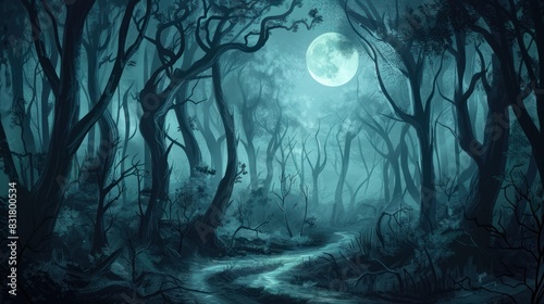 A dark  atmospheric illustration of a dense forest at night  with tall  shadowy trees and a dimly lit path winding through. 