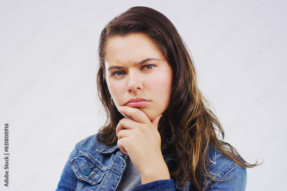 Girl, hand and portrait of idea in studio for personal development, contemplation and thoughts of introspection. Female person, doubt and mindfulness for future career, isolated and white background. Girl, hand and portrait of idea in studio for personal development, contemplation and thoughts of introspection. Female person, doubt and mindfulness for future career, isolated and white background.