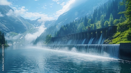 hydroelectric energy industry  dam and reservoir  mountain scenery  focus on  natural colors  Double exposure silhouette with water flow