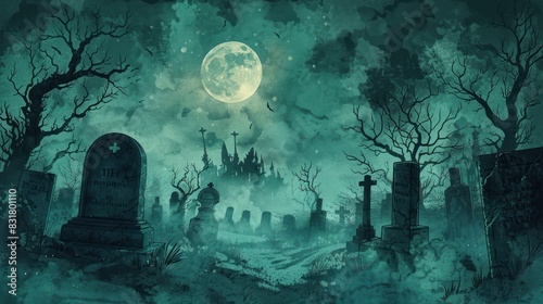 A haunting, dark-toned illustration of a graveyard at night, with old, crooked tombstones and a full moon casting long shadows. 