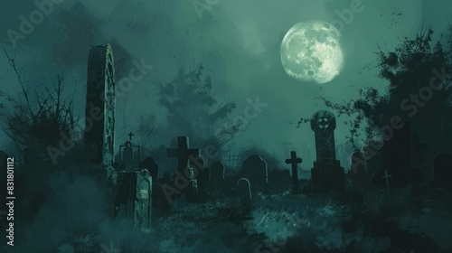 A haunting, dark-toned illustration of a graveyard at night, with old, crooked tombstones and a full moon casting long shadows. 