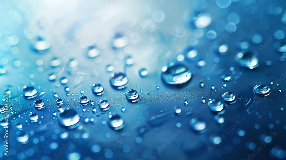 photograph of water droplets on a blue surface