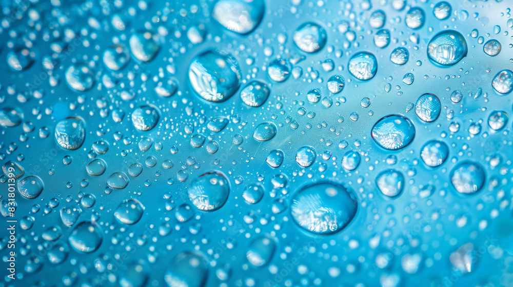 photograph of water droplets on a blue surface.