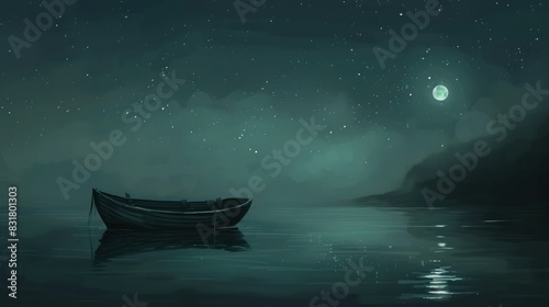 A moody, dark-toned illustration of a small boat adrift on a still, dark lake under a starless sky. 
