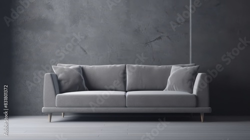 Modern stylish gray sofa against a gray wall in minimalist style in an empty interior