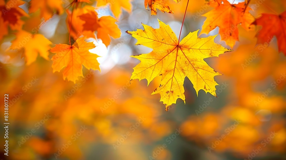 A beautifully focused autumn scene featuring bright yellow and orange maple leaves against a blurred, bokeh background in soft natural light. A beautifully focused autumn scene featuring bright yellow and orange maple leaves against a blurred, bokeh background in soft natural light.