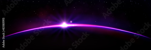 Purple earth planet light bg. Abstract sky sunrise or sun eclipse glow. Dark night solar fiction effect with bright ring scene. Global astrology illustration with cosmic round flare view art