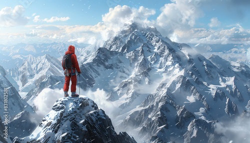 8K stunning visual of a climber on a snowcapped mountain, panoramic scenery, ultrarealistic and detailed