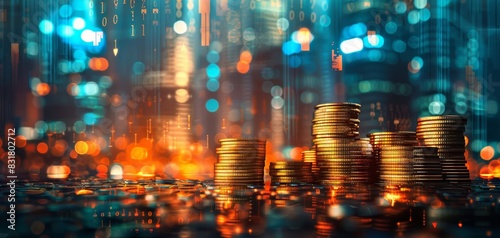 financial district and rows of coins  night view  close up  soothing colors  Double exposure silhouette with growth arrows