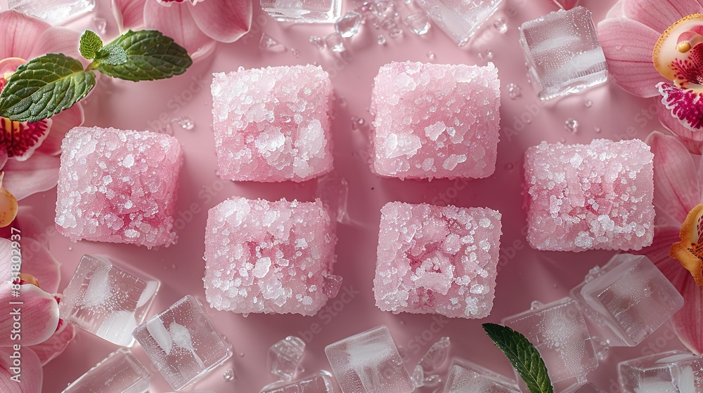 Pink surface with ice cubes and pink flowers Pink surface with ice cubes and pink flowers