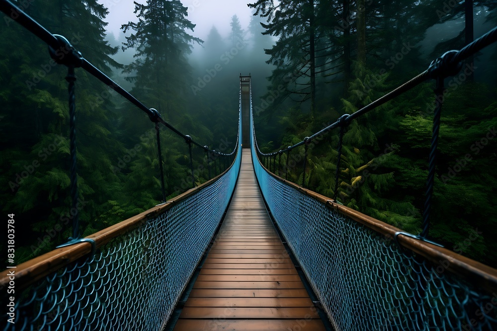 Obraz premium Suspension bridge in the forest with fog and mist, New Zealand