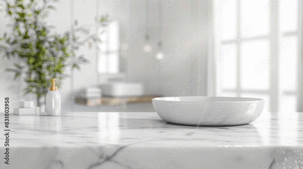 White bathroom interior. Empty marble table top for product display with blurred bathroom interior background White bathroom interior. Empty marble table top for product display with blurred bathroom interior background