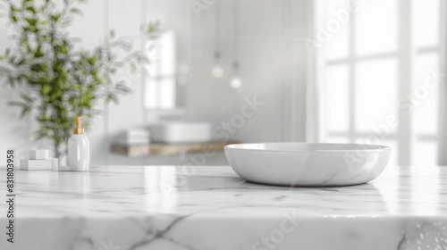 White bathroom interior. Empty marble table top for product display with blurred bathroom interior background