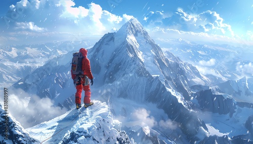 8K ultradetailed image of a climber on a snowy mountain peak, breathtaking landscape, vibrant colors and sharpness