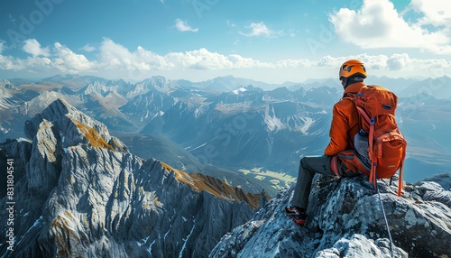 8K ultradetailed photo of a climber taking a break on a mountain summit, expansive landscape in the background, vivid and clear photo