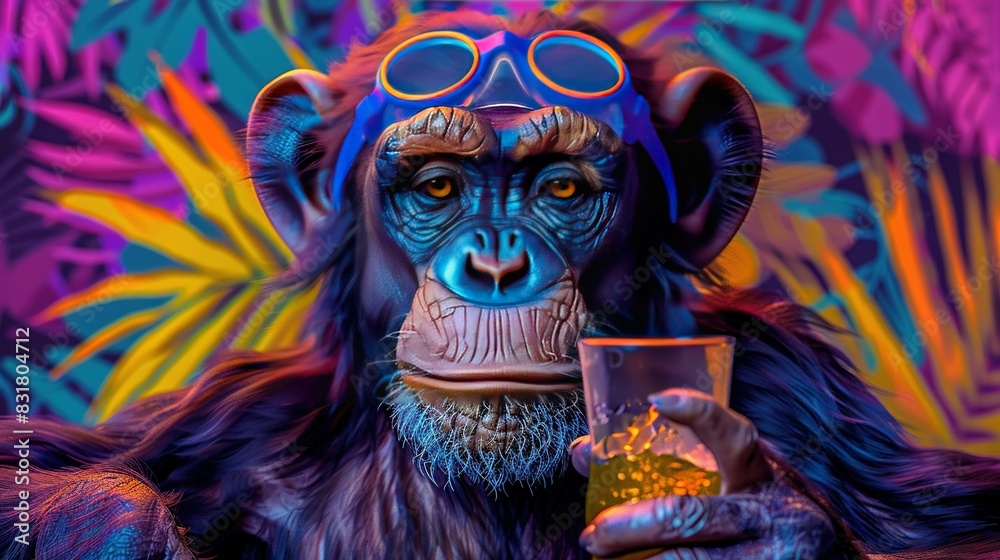 A monkey wearing goggles, holding a coffee cup, in front of a painted monkey with goggles A monkey wearing goggles, holding a coffee cup, in front of a painted monkey with goggles