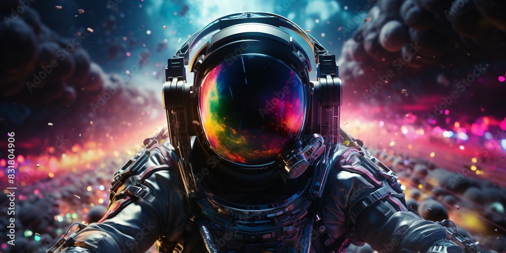 cosmonaut in space suit, crazy dj with futuristic headphones cosmonaut in space suit, crazy dj with futuristic headphones