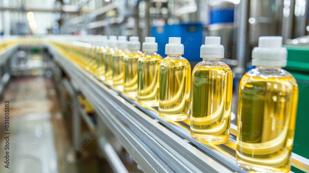 Modern perfume production facility with automated conveyor line for cosmetic oil manufacturing Modern perfume production facility with automated conveyor line for cosmetic oil manufacturing