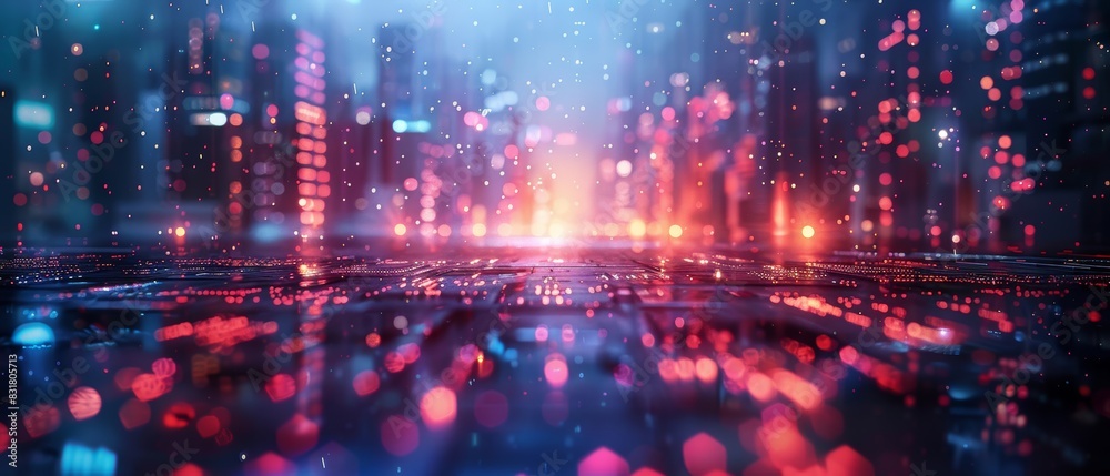 Fototapeta premium conceptual cityscape with futuristic elements, imaginative design, close up, intense shades, Double exposure silhouette with neon lights