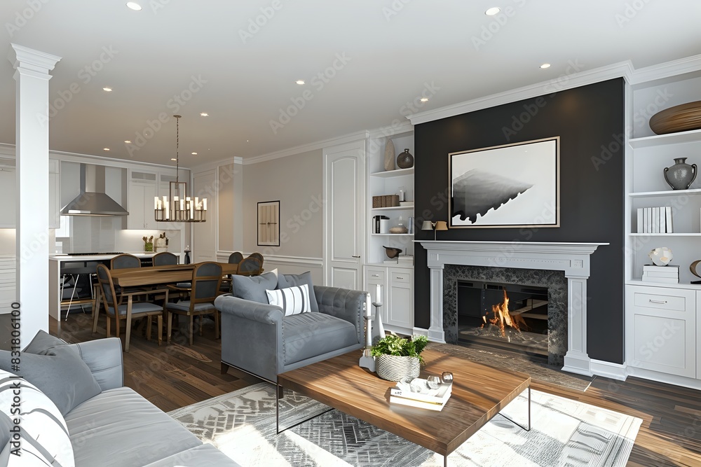 Fototapeta premium Spacious and Modern Living Room with Dining Area Integration