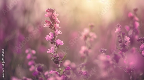   A field brimming with violets beneath a cloudy sky  with the golden sun rays peeking through  while a soft pink flower image blurs in the foreground