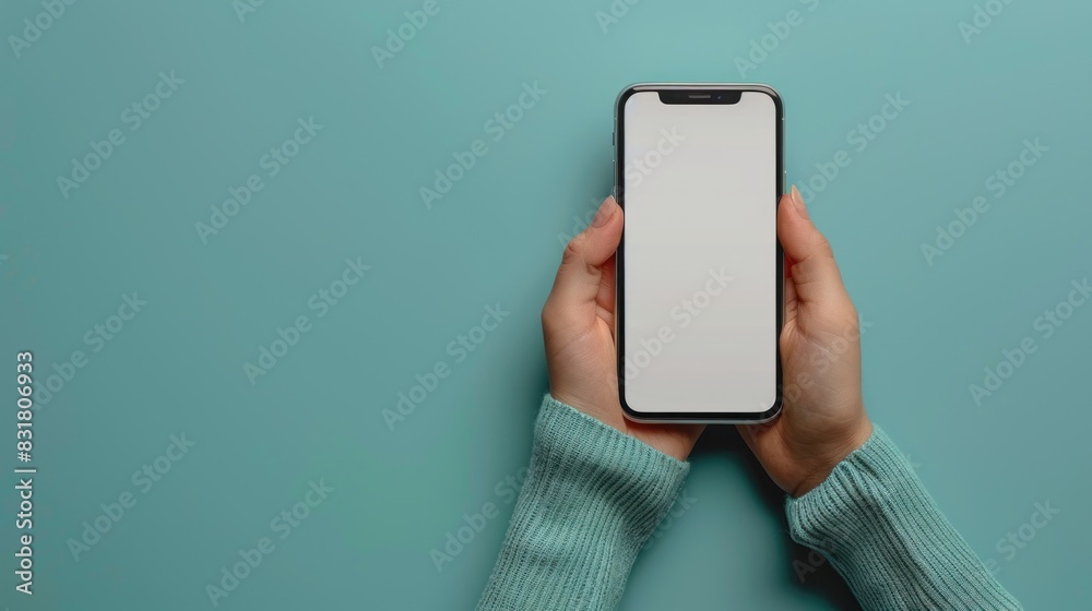 Mockup of a hand holding a mobile phone with a plain white screen