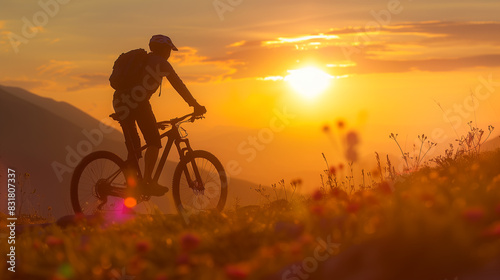 Silhouette of a cyclist riding a mountain bike on rocky terrain against a beautiful sunset sky during summer. AI Generative