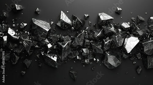   Black & white image of shattered glass on black background photo