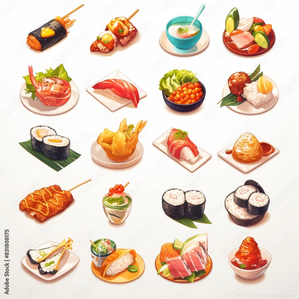 Sixteen colorful food icons with frosted glass texture and glowing outlines arranged in a 4x4 grid on a pure white background. Clean and bright flat design ideal for app icons or user interface. Sixteen colorful food icons with frosted glass texture and glowing outlines arranged in a 4x4 grid on a pure white background. Clean and bright flat design ideal for app icons or user interface.