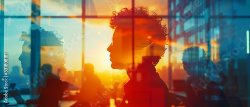 business team leader on conference call, contemporary setting, close up, soothing colors, Double exposure silhouette with communication lines photo
