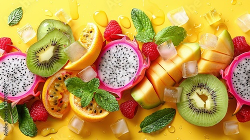   A yellow surface has a variety of cut-up fruits sitting on top, with water droplets glistening on them photo