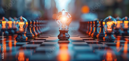 business strategy development, chessboard game, open office, focus on, natural colors, Double exposure silhouette with lightbulb ideas