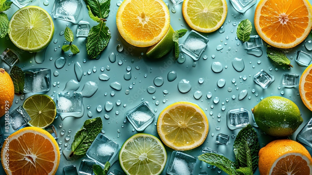 A cluster of oranges, limes, and mints on top of ice cubes with water droplets falling from them A cluster of oranges, limes, and mints on top of ice cubes with water droplets falling from them