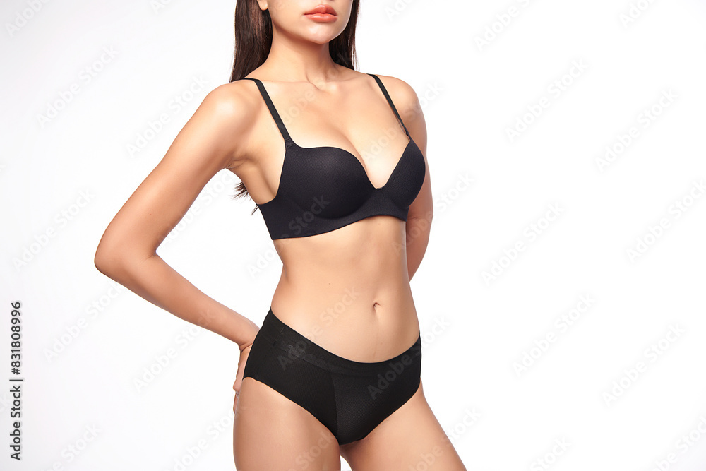 Confident beautiful young asian woman posing in black lingerie on white background, Perfect body, Confident beautiful young asian woman posing in black lingerie on white background, Perfect body,