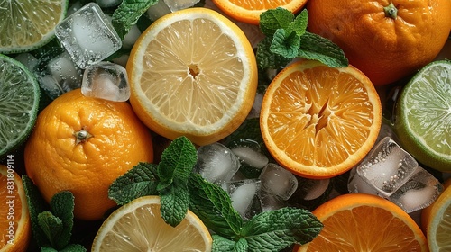   Oranges  limes  and mints with ice cubes alongside
