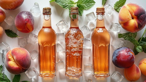   Three bottles of peach tea surrounded by peaches and ice cubes on a white surface with minty leaves photo