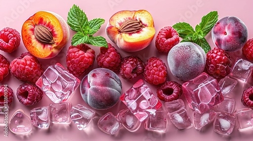  Raspberries, peaches, ice cubes, and mint leaves on a pink background