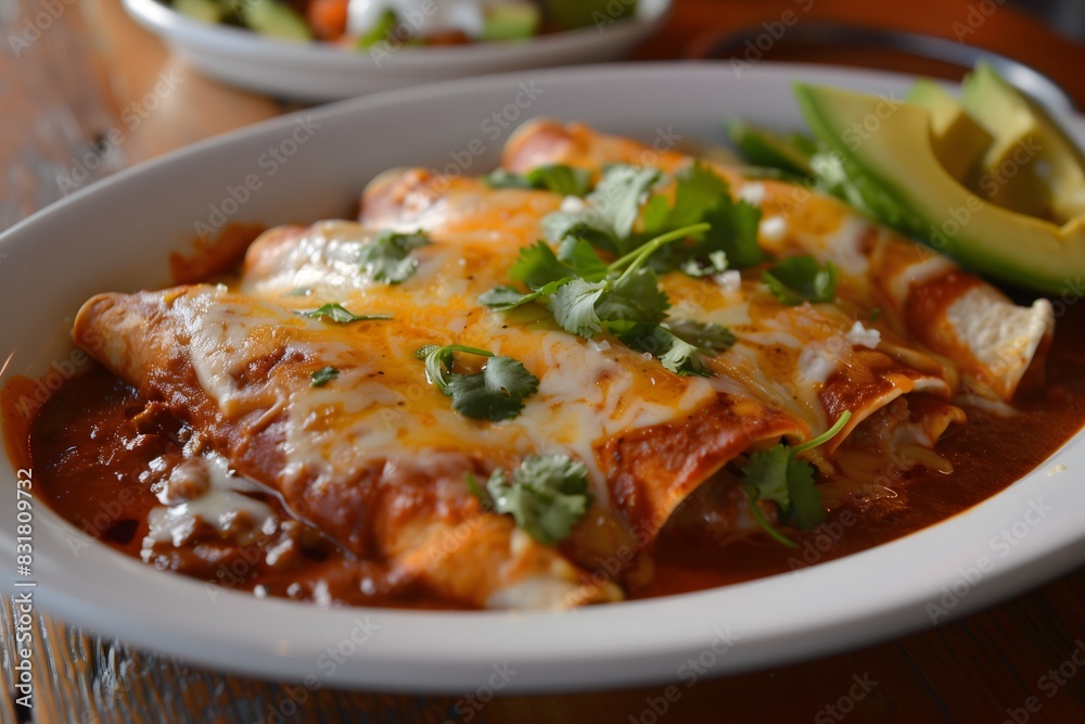 A close-up of tasty enchiladas served on a white plate A close-up of tasty enchiladas served on a white plate