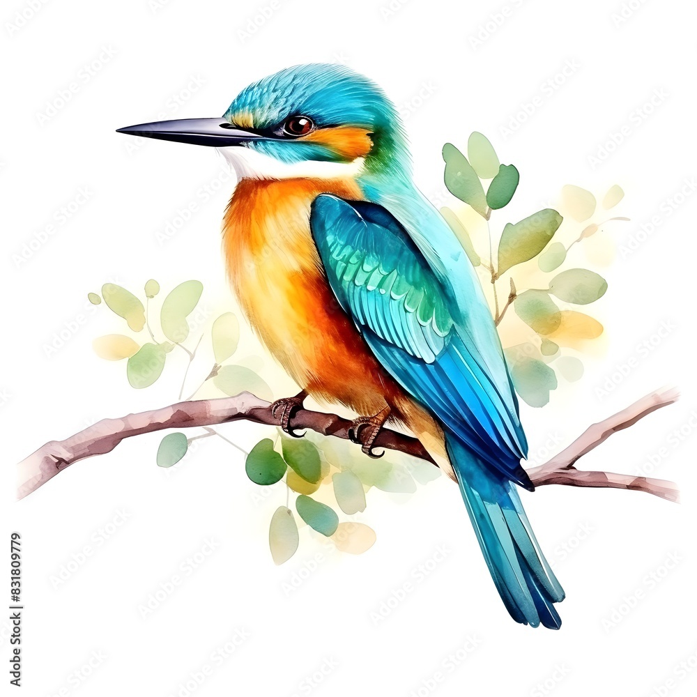 Fototapeta premium Vibrant Watercolor of a Perched Kingfisher Amidst Lush Foliage