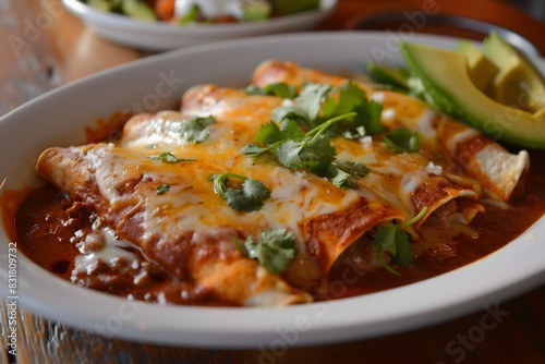 A close-up of tasty enchiladas served on a white plate