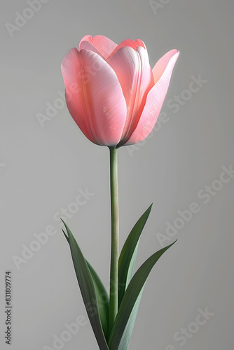 A single pink flower sitting in a clear vase on a wooden table