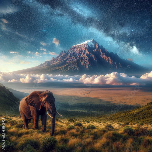 ここはアフリカ、ケニア山のふもと、象がいる風景 photo