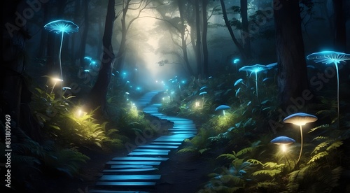 Guided by Nature's Glow Illuminating the Bioluminescent Forest Pathway with Organic Radiance, A Spectacle of Light and Wonder in the Heart of the Wilderness.