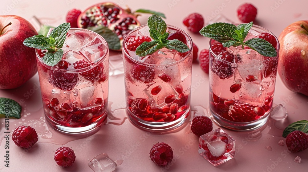 Three glasses of ice, raspberries, and mint sit on a pink surface alongside apples and pomegranates Three glasses of ice, raspberries, and mint sit on a pink surface alongside apples and pomegranates
