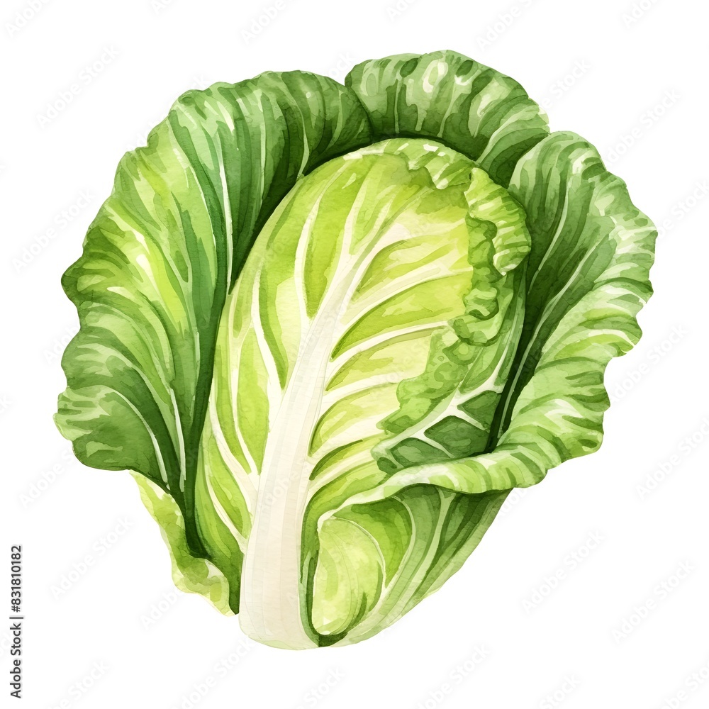 Fototapeta premium Watercolor of Fresh Green Lettuce Leaves on White Background