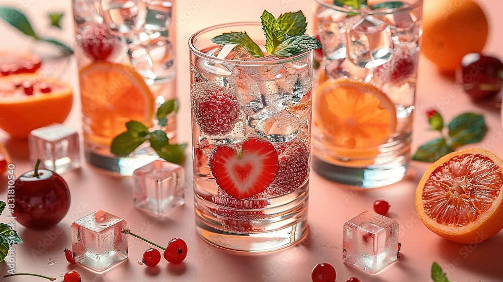 A glass filled with diverse fruits and iced cubes on a pink surface beside oranges, raspberries, strawberries, and mints A glass filled with diverse fruits and iced cubes on a pink surface beside oranges, raspberries, strawberries, and mints
