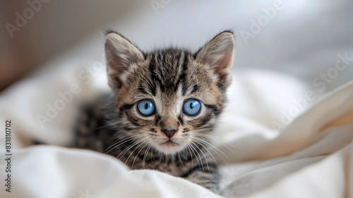 A small kitten with striking blue eyes is lying comfortably on a soft blanket